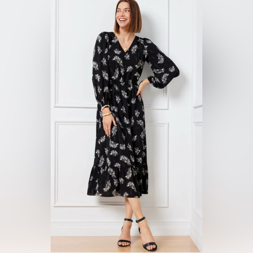 Talbots Black and White V-Neck Sundress with Bishop Sleeves